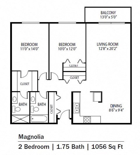 Floor plan for 2 beds, 2 baths, 1141 sqft